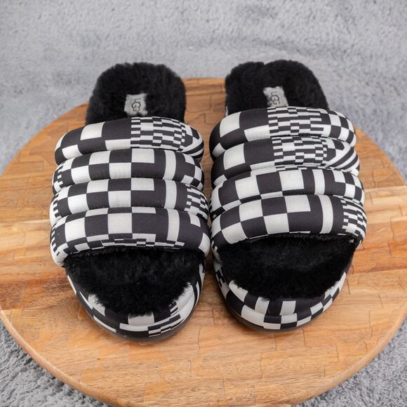 UGG Shoes Womens 9 Multicolor MAXI CHECKS SLIDE Chunky Fur Hippie 1130842 - Picture 2 of 6